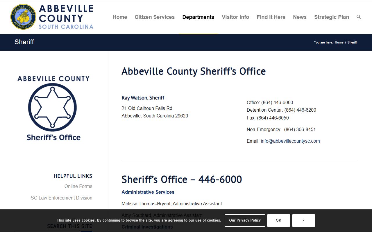 Abbeville County Sheriff's Office website for Abbeville County 24 hour booking records