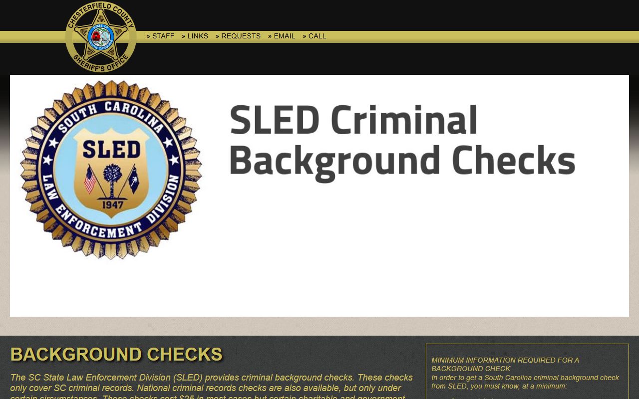 Chesterfield County SLED background check page for 24 hour booking records