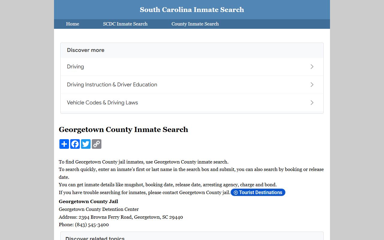 Georgetown County inmate search tool for 24 hour booking records