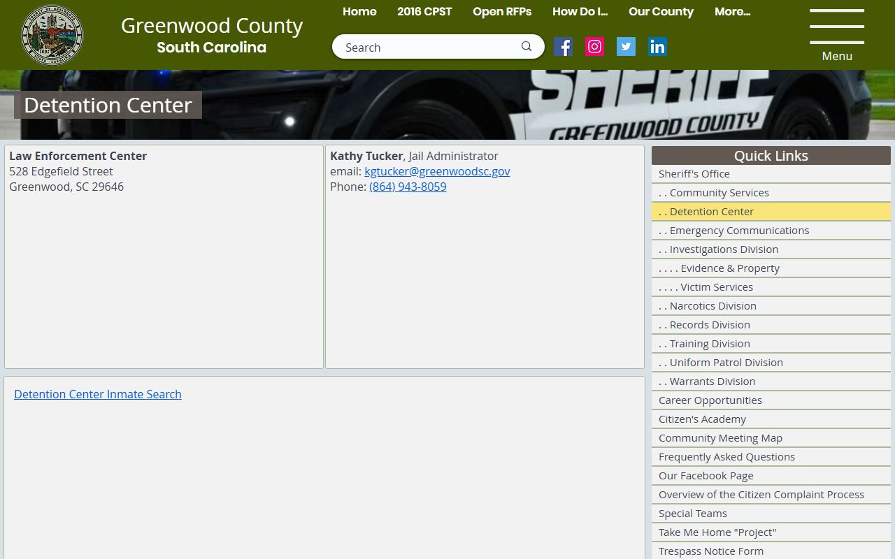 Greenwood County Detention Center website for 24 hour booking and inmate search