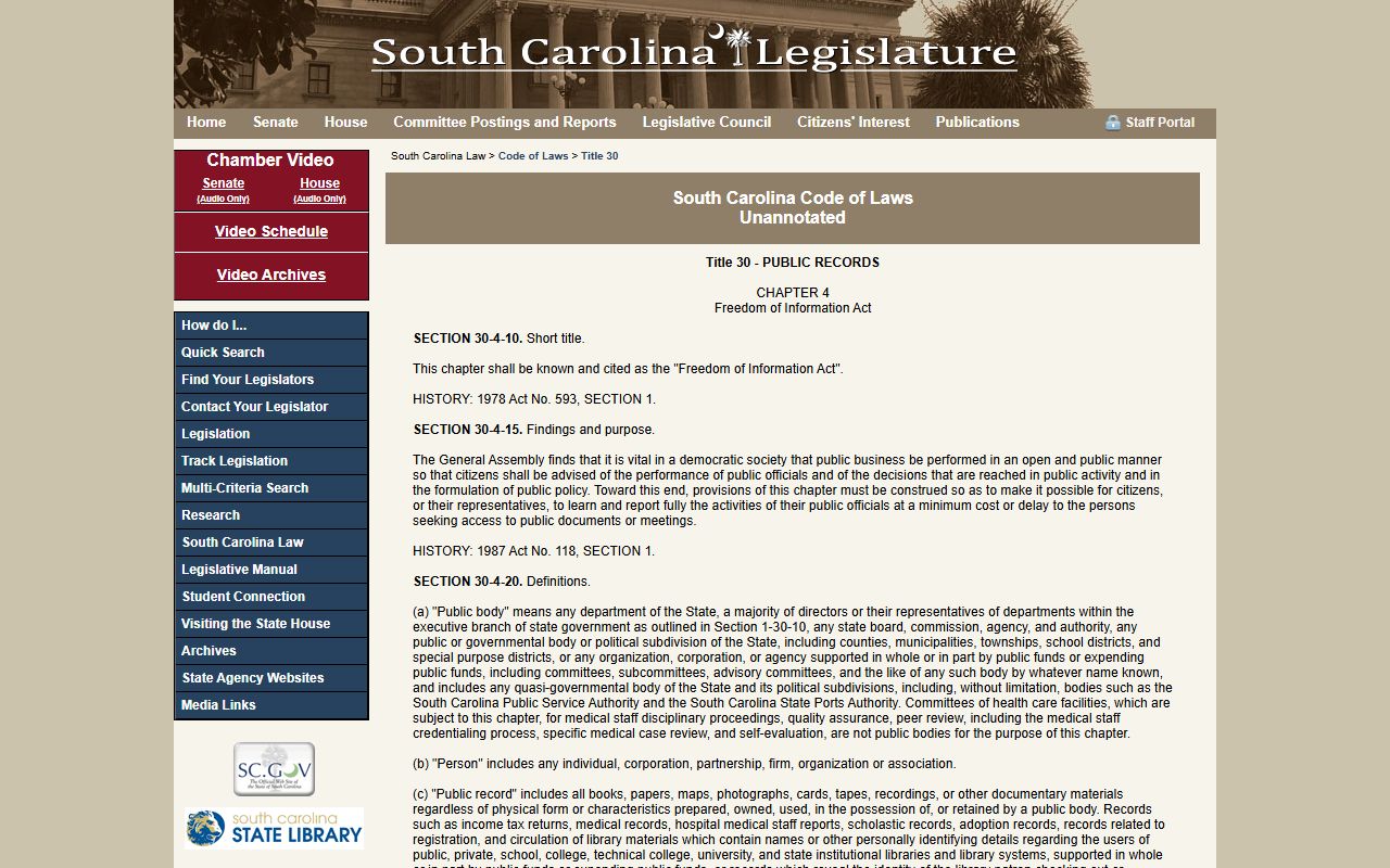 South Carolina FOIA statute governing 24 hour booking record access