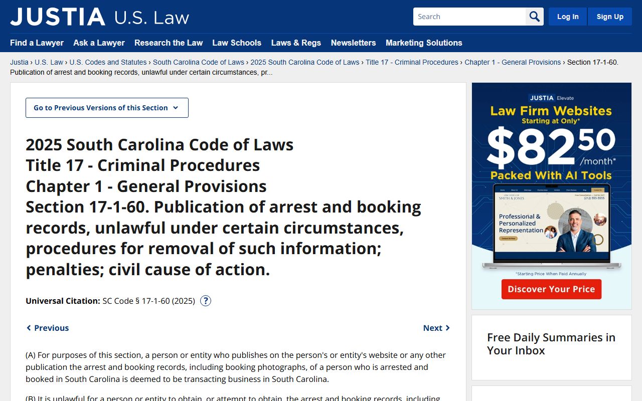 South Carolina publication of records statute for 24 hour booking data